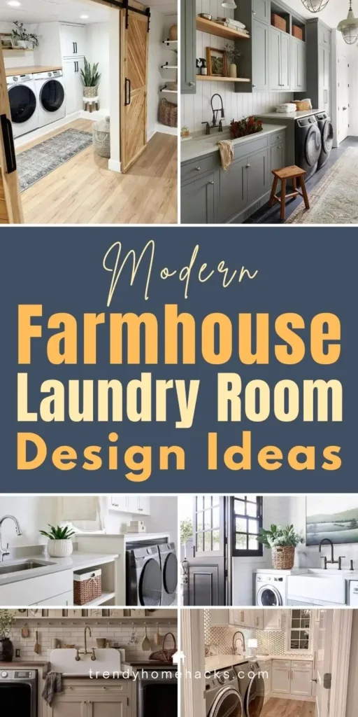 Modern farmhouse laundry room design ideas featuring shaker cabinets, farmhouse sink, wood accents, and stylish storage solutions.