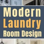 Modern laundry room design ideas featuring blue and navy cabinets, open shelving, stacked washer and dryer, and stylish storage solutions.