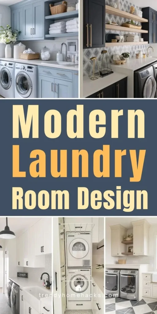 Modern laundry room design ideas featuring blue and navy cabinets, open shelving, stacked washer and dryer, and stylish storage solutions.