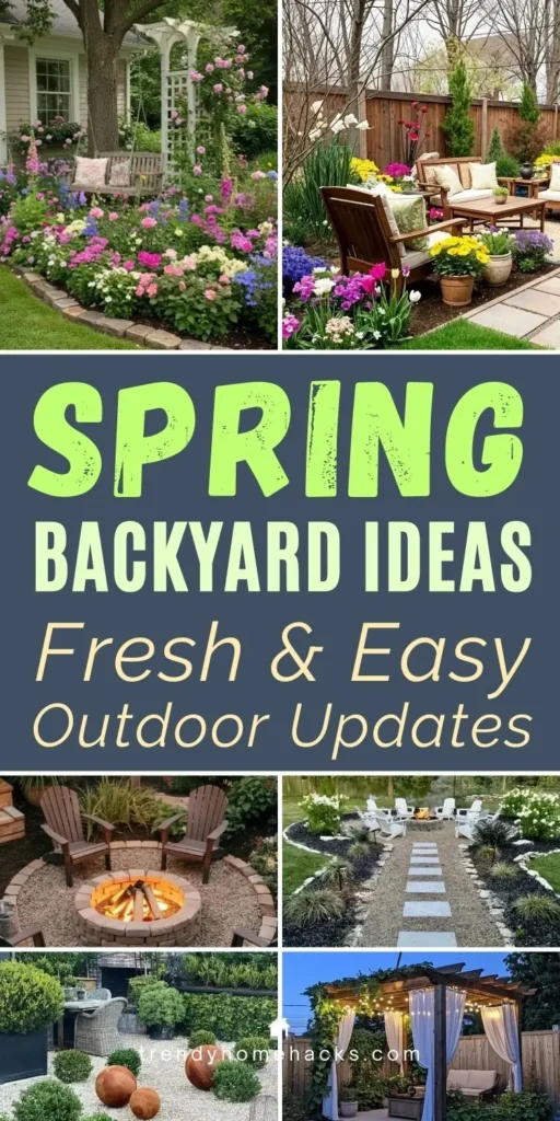 Spring backyard ideas collage featuring blooming flower beds, patio seating areas, fire pit, garden paths, and pergola with string lights.