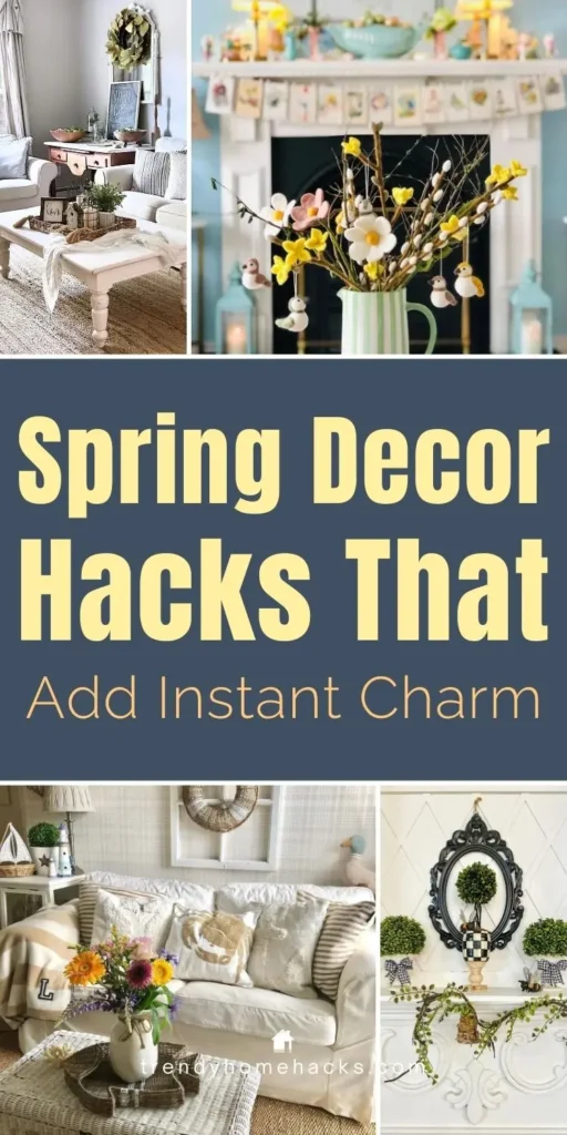 Spring decor hacks that add instant charm with farmhouse living room styling, pastel mantel decor, and fresh floral accents.