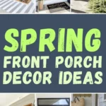 Spring front porch decor ideas with floral wreaths, layered doormats, wooden doors, and fresh greenery accents.