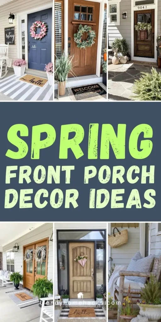 Spring front porch decor ideas with floral wreaths, layered doormats, wooden doors, and fresh greenery accents.