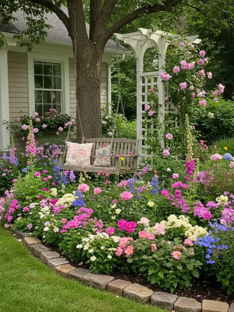 Romantic spring backyard garden filled with roses, foxglove, hydrangeas, and perennial flowers surrounding a white arbor and porch swing.