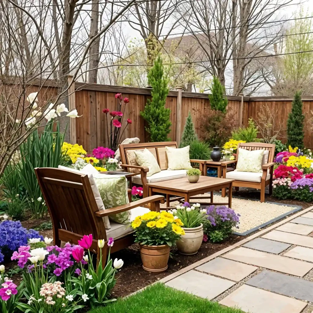 Spring garden patio seating area with wooden outdoor furniture, bright tulips and flowers, stone paver walkway, and landscaped backyard.