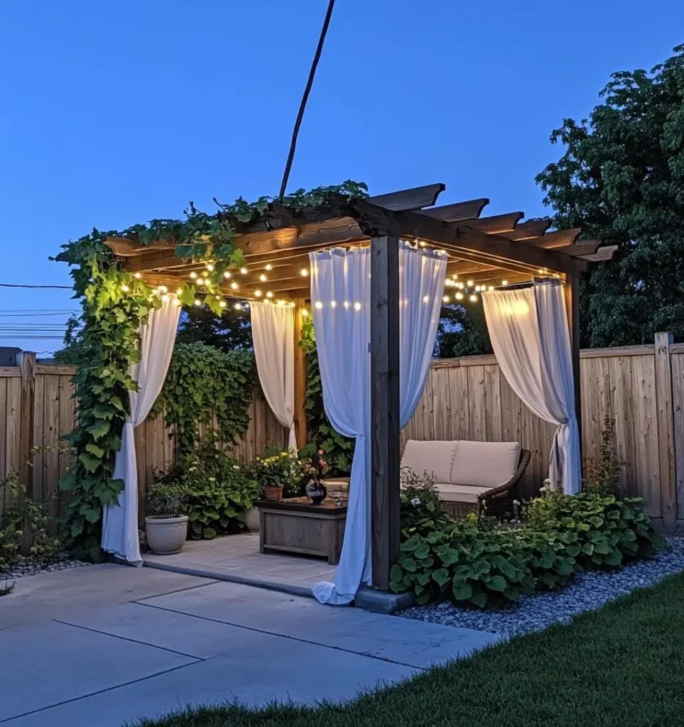 Spring backyard pergola with flowing white curtains, warm string lights, outdoor sofa seating, and landscaped garden.