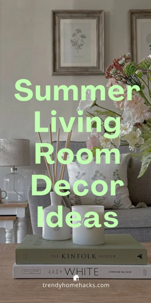 Summer living room decor ideas with fresh flowers, neutral sofa, botanical wall art, and light coffee table styling.