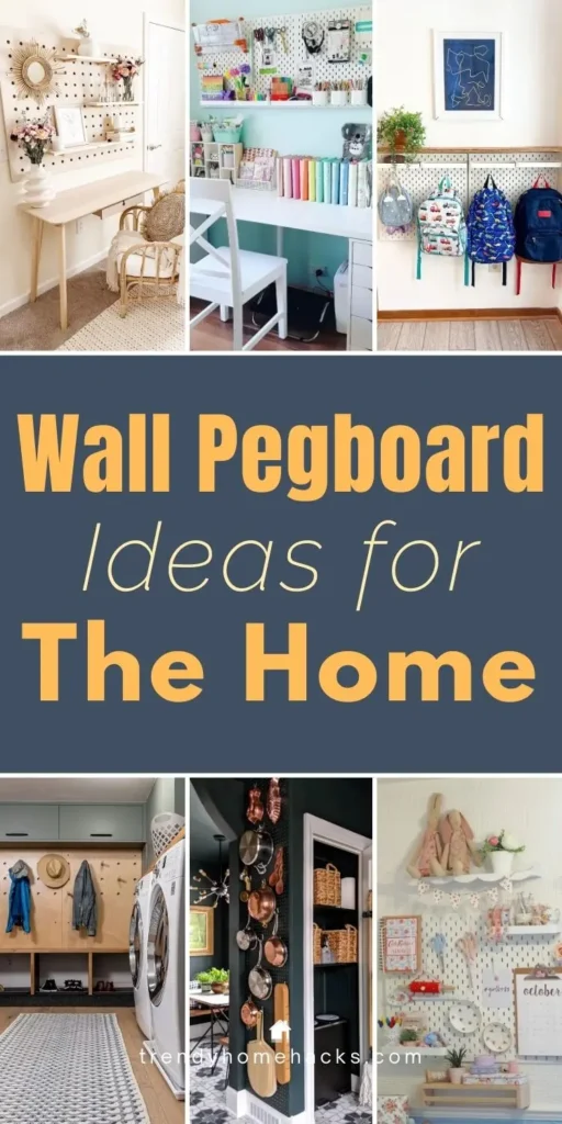 Wall pegboard ideas for the home featuring pegboard organization in a home office, craft room, mudroom, laundry area, and kitchen.