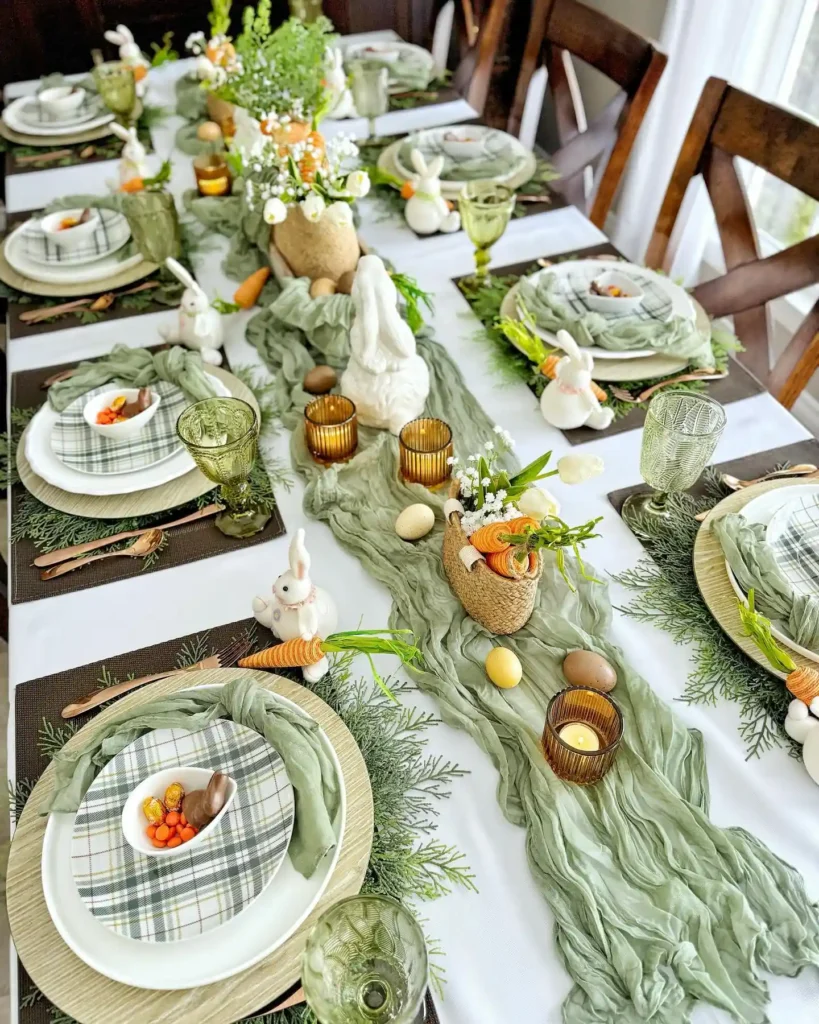 Green Easter tablescape with sage green table runner, bunny decor, carrot accents, and spring greenery centerpiece.