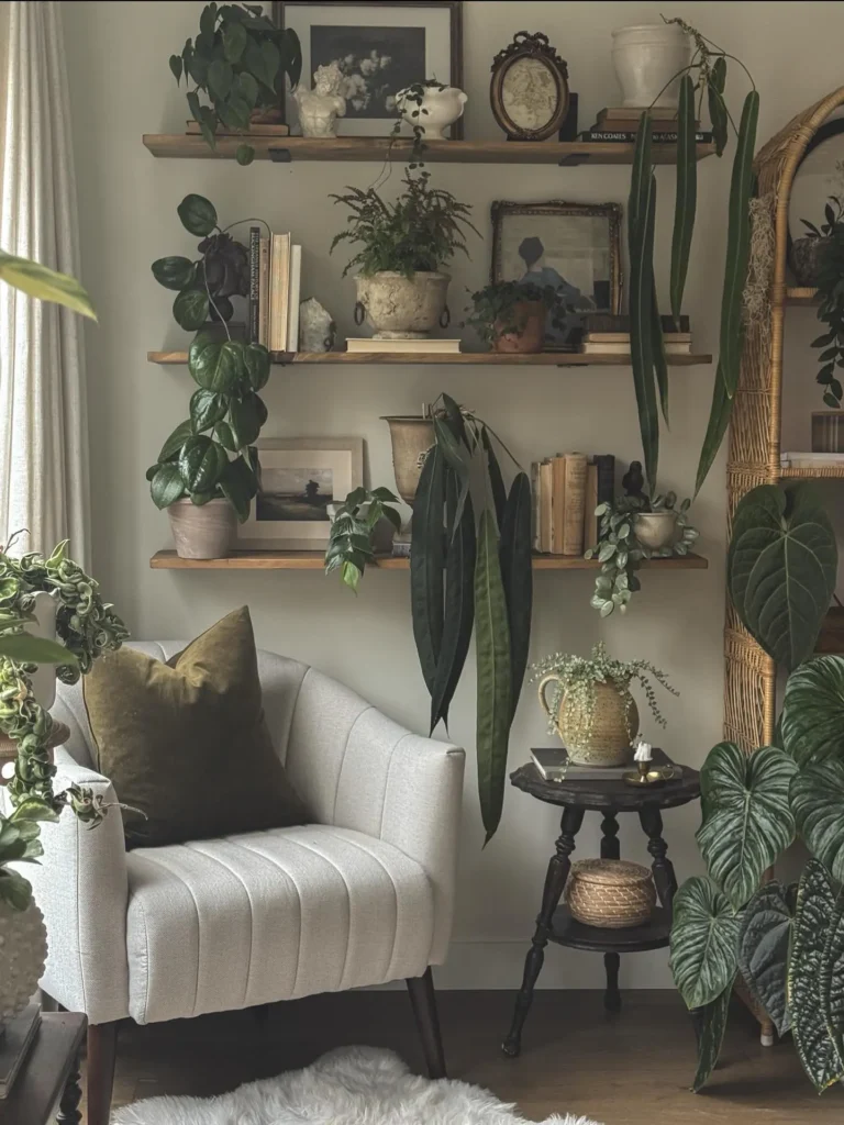 Indoor plants living room decor with floating wood shelves, layered greenery, vintage frames, and cozy neutral armchair.