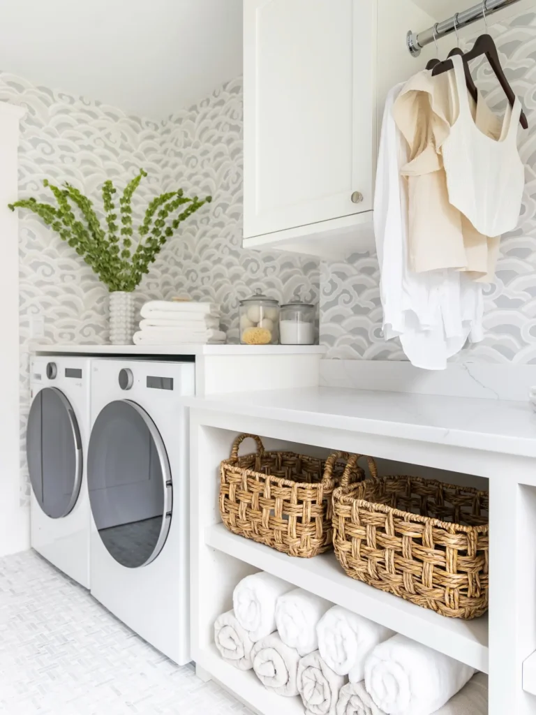Bright white laundry room with woven storage baskets, open shelving, folded towels, hanging clothes, and front-load washer and dryer.