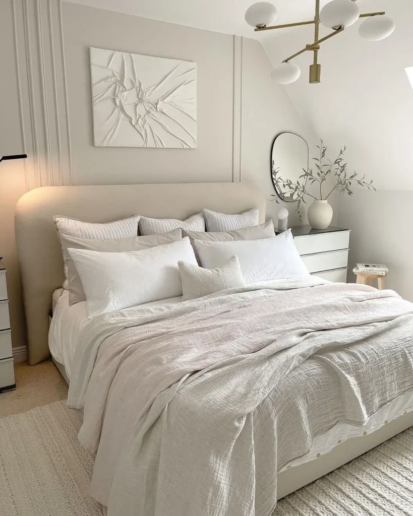 Minimalist Scandinavian bedroom with neutral bedding, layered white pillows, textured throw, and modern brass ceiling light.