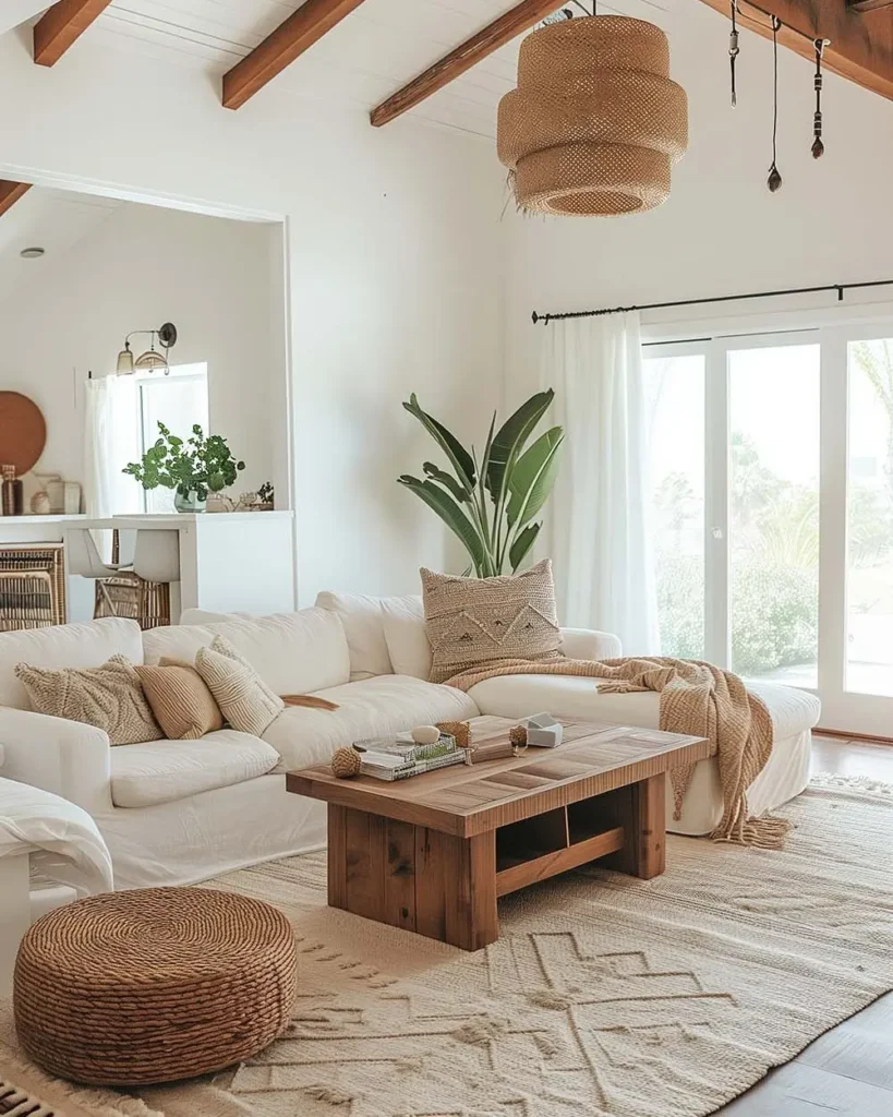 Neutral boho living room with textured area rug, white sectional sofa, wood coffee table, and woven pendant light.