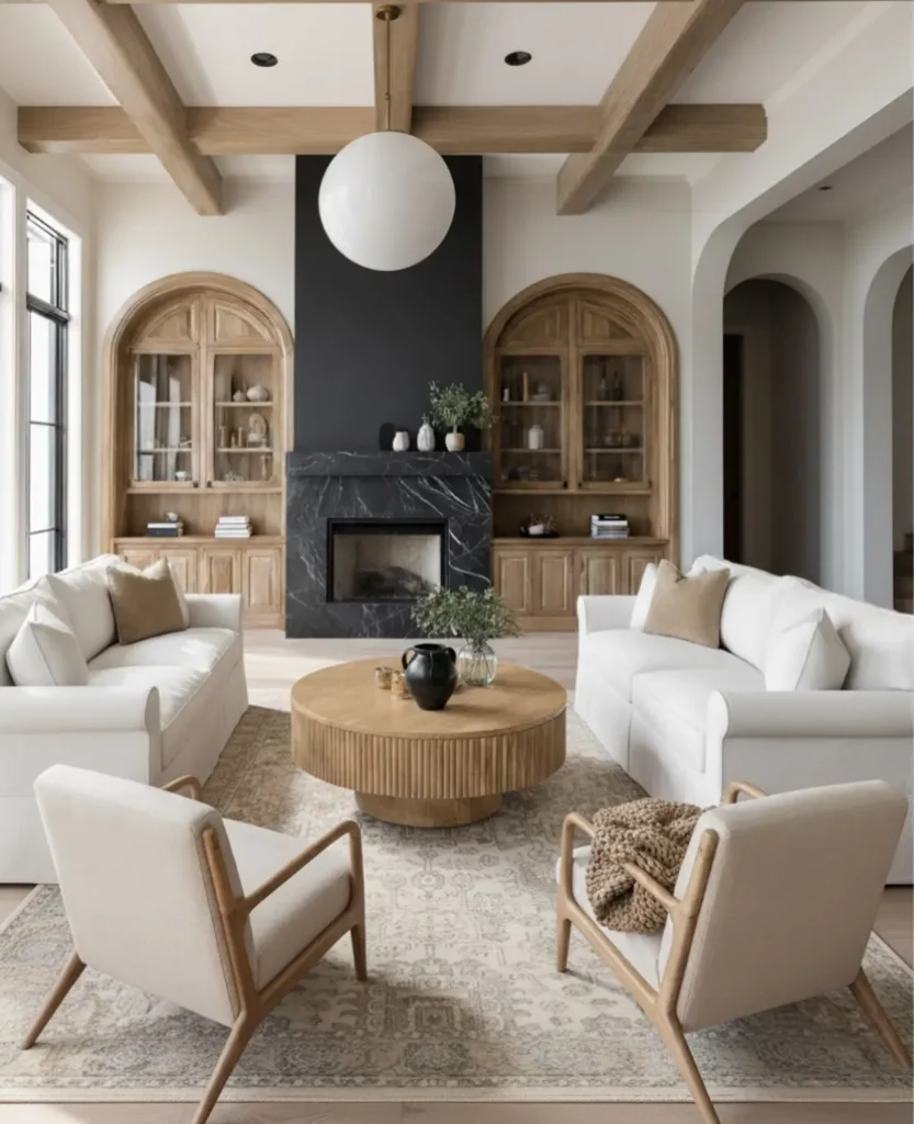 Organic modern living room with neutral color palette, wood beams, black marble fireplace, and arched built-ins.