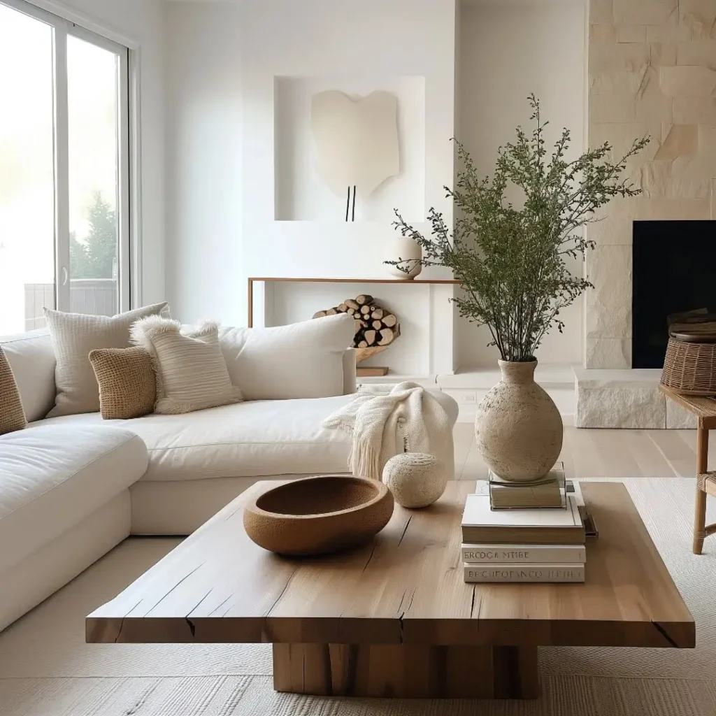 Organic modern living room with neutral sectional sofa, wood coffee table, textured pillows, and stone fireplace.