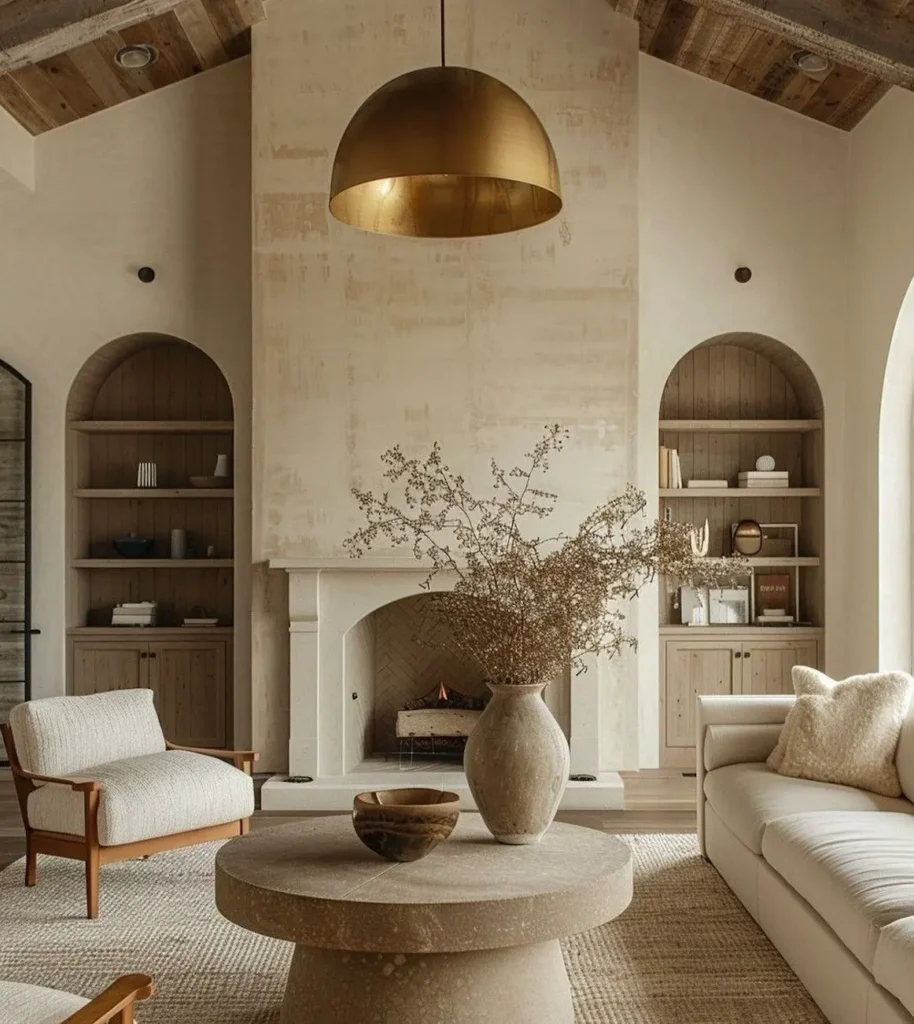 Organic modern living room with arched built-ins, neutral furniture, stone fireplace, and warm wood ceiling beams.