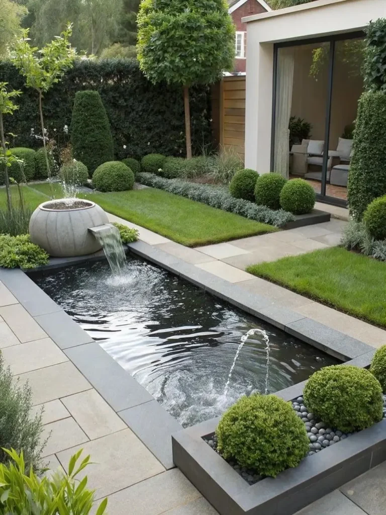 Contemporary backyard landscape design with sleek water fountain, reflecting pond, trimmed boxwood spheres, stone pavers, and minimalist garden layout.