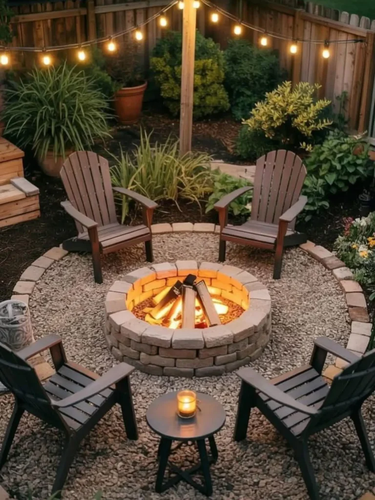Cozy backyard fire pit design with circular stone fire pit, gravel ground cover, Adirondack chairs, garden plants, and hanging café string lights.