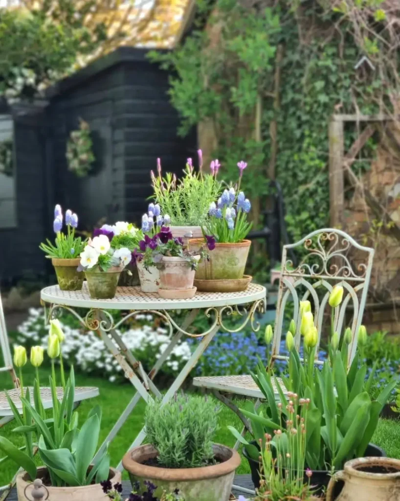 A round metal table with potted flowers, spring bulbs, and plants is surrounded by chairs in a garden with green grass and a black shed in the background.