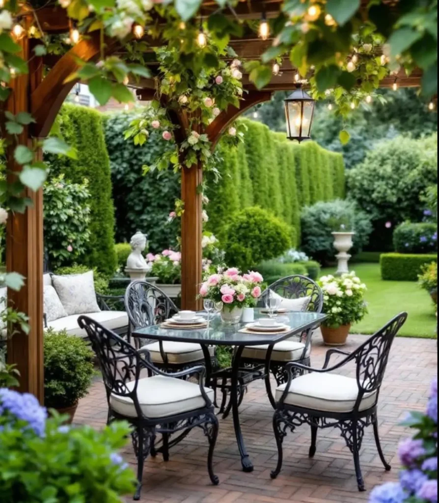 A glass-top table with four ornate metal chairs sits on a brick patio under a pergola with string lights, surrounded by lush greenery and potted flowers in a landscaped garden, perfect for enjoying spring evenings.