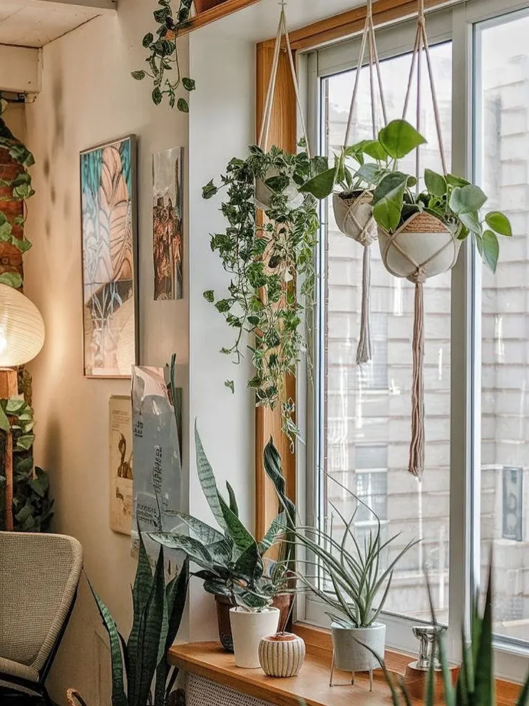 Sun-loving plants in home decor styled by a bright window with hanging planters, snake plant, and trailing ivy.