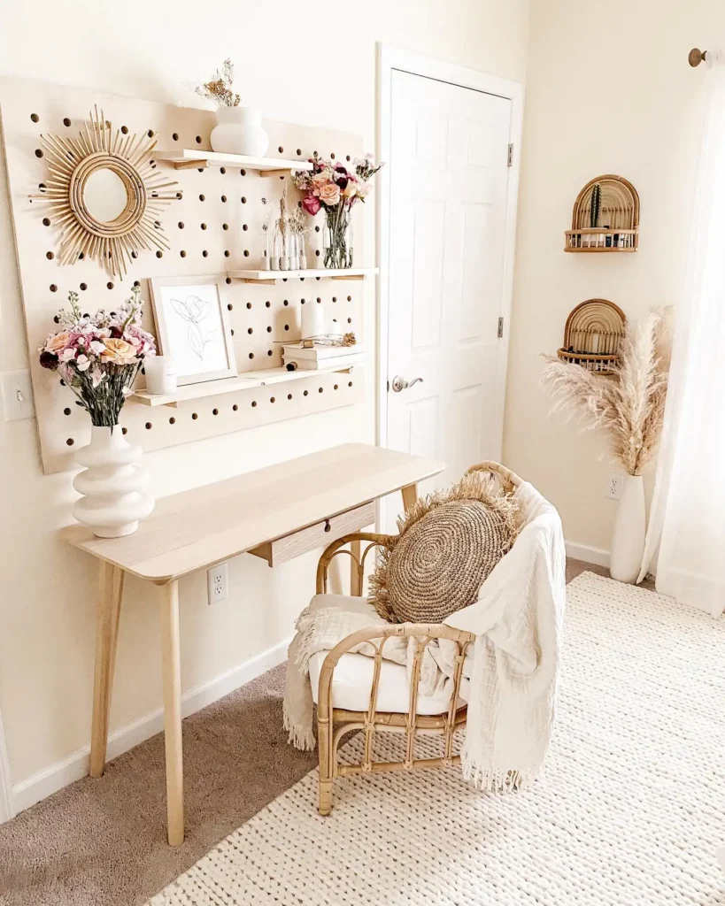 Neutral home office with wall pegboard shelving, light wood desk, rattan chair, and soft boho decor accents.