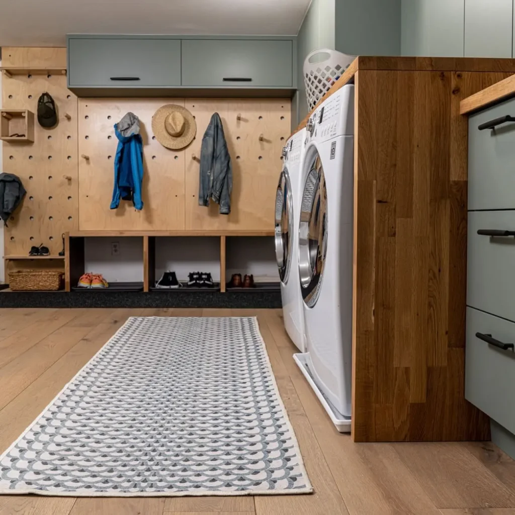 Mudroom laundry room with wall pegboard storage, front-loading washer and dryer, built-in cubbies, and sage green cabinets.