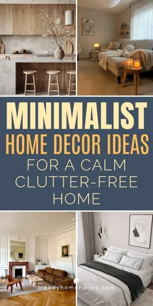 Collage of minimal home interiors, including a kitchen, living room, bedroom, and sitting area, with neutral colors and simple, clutter-free decor. Text: "Minimalist Home Decor Ideas for a Calm Clutter-Free Home."