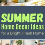 Collage of Summer home decor ideas with bright coastal colors, light textures, and fresh styling across living room, bedroom, and entryway