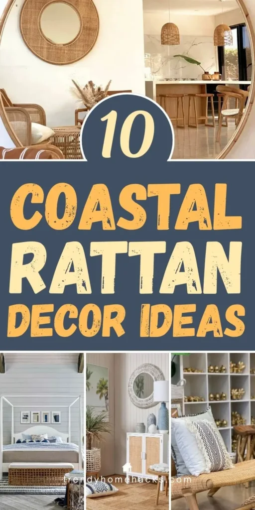 Collage of coastal-inspired interiors featuring rattan mirrors, woven chairs, natural wood furniture, a cozy beach-style bedroom, and textured home accessories. The pin includes the text "10 Coastal Rattan Decor Ideas."